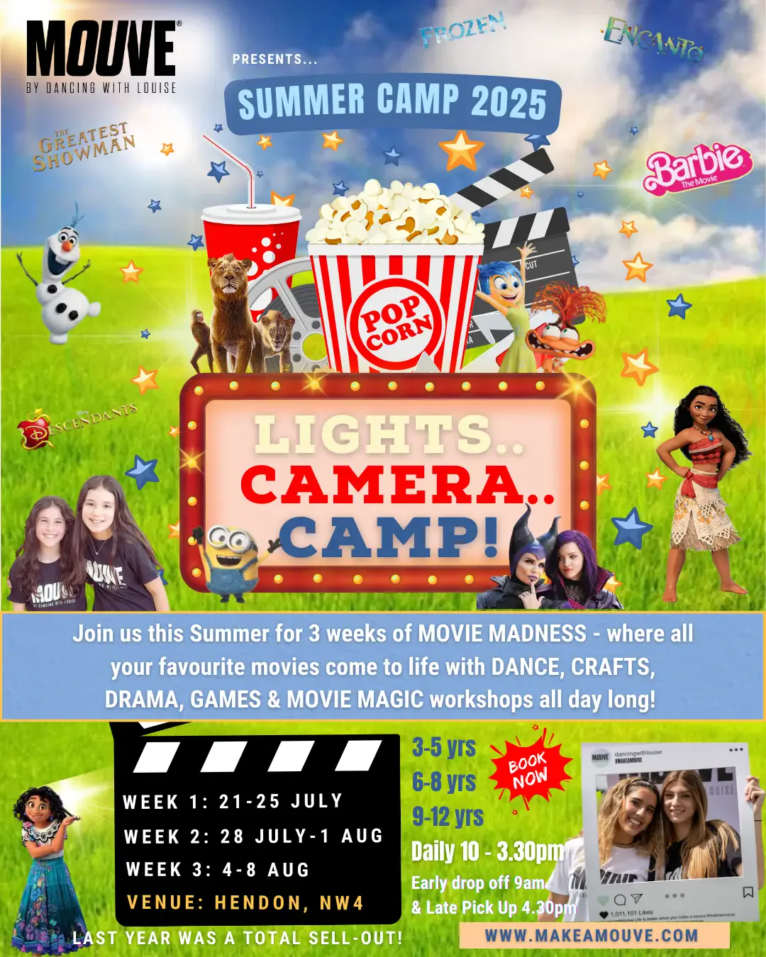 MOUVE Summer Camp 2025 flyer featuring movie-themed activities including Frozen, Moana and Trolls