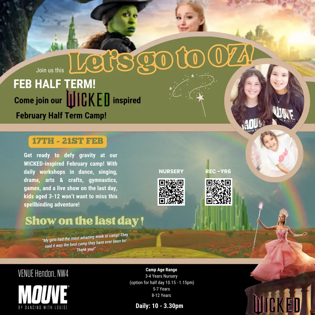 We're Off to Oz half term camp promotional poster featuring Wicked and Wizard of Oz theme